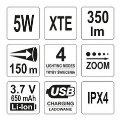 YATO ΦΑΚΟΣ CREE LED 5W USB ΕΠΑΝΑΦΟΡΤΙΖΟΜΕΝΟΣ 350lm YT-08569 94Χ27ΜΜ (20008569)