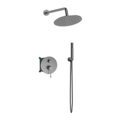 Orabella Terra Gun Metal Light - Shower set εντοιχισμού με Μπαταρία λουτρού, εντοιχισμού 2 σημείων, κεφαλή Φ250 με βραχίονα και τηλέφωνο ντουζ με σπιράλ και επιτοίχειο στήριγμα 10312