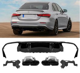 Diffuser Πίσω Προφυλακτήρα Για Mercedes-Benz E-Class W213 19+ Facelift Amg Look Για Amg Line Προφυλακτήρες Σετ Με Μπούκες Total Black Από Abs Πλαστικό