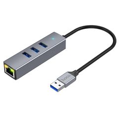 Αντάπτορας Hoco HB34 3 x USB σε USB 3.0 και RJ45 με Λειτουργία Μεταφοράς Δεδομένων 1000Mbps Γκρι