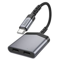 Αντάπτορας Hoco LS40 USB-C με Διπλή Εξοδο σε 2xUSB-C για Τροφοδοσία και Ηχο Γκρί
