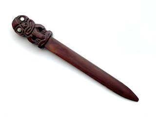 Original Māori Tiki Letter Opener, Hand Carved Wood with Paua Shell Eyes from Rotorua New Zealand - Σελιδοκόπτης