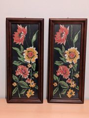 Σετ 2 δίδυμα κάδρα με λουλούδια κεντημένα στο χέρι