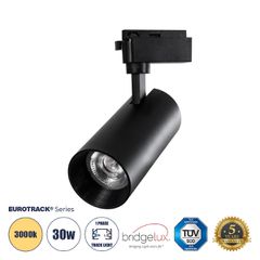 Globostar BEAMTRACK 60817 Μονοφασικό Φωτιστικό Σποτ Ράγας LED 30W 230V 3600lm 30° Acrylic HQ LENS AC 220-240V IP20 Φ7.4 x Υ17.9cm Θερμό Λευκό 3000k - EUROTRACK® System 1L+1N - Μαύρο - Bridgelux Chip -