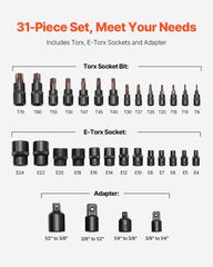 Torx Bit Socket and External Torx Socket Set 31-Pece T8-T70 and E4-E24 Steel-thumb-2