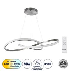 Κρεμαστό Φωτιστικό Οροφής Design LED CCT 90W 10080lm 300° AC 220-240V - Εναλλαγή Φωτισμού μέσω Τηλεχειριστηρίου All In One Ψυχρό 6000k+Φυσικό 4500k+Θερμό 2700k Dimmable Φ73cm - Νίκελ Ασημί Βούρτσας -