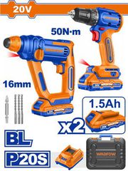 Wadfow WOS240681 Σετ Δραπανοκατσάβιδο & Πιστολέτο Brushless 20V με 2 Μπαταρίες 1.5Ah και Θήκη Brushless Motor