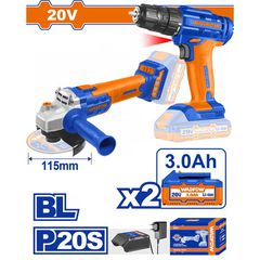 Wadfow WCK20512 Σετ Γωνιακός Τροχός & Δραπανοκατσάβιδο Brushless 20V με 2 Μπαταρίες 3Ah