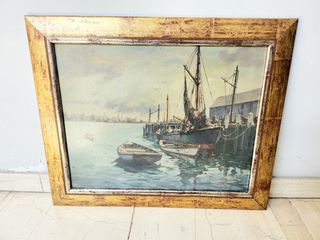Vintage Ολλανδική ελαιογραφία Harbor Cityscape σε κορνίζα με τζάμι Α9016 ΤΙΜΗ 35 ΕΥΡΩ