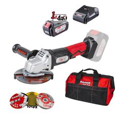 Γωνιακός Τροχός Μπαταρίας RAIDER R20 (20V, 125mm) με 4Ah Μπαταρία, Φορτιστή, 10 Δίσκους Inox & Τσάντα
