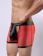 Red Sexy Mesh Openable Crotch Imitation Leather Men's Boxer Underwear