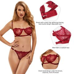 Dark Red Custom High Quality Beautiful Lingerie Lace Bra Set With Steel ring