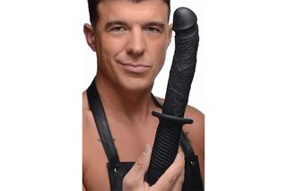 The Large Realistic - Silicone Vibrator with Handle - Black-thumb-2