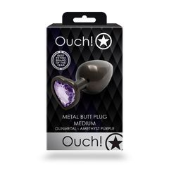 Heart Gem Butt Plug - Medium - Gunmetal/Amethyst Purple-thumb-1