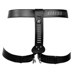 Ouch PU Leather Female Chastity Belt with Leg Restraint - Black