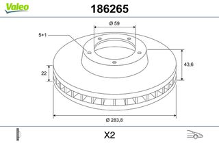 Δισκόπλακα εμπρός VALEO 186265 για ALFA ROMEO 147-156-GT / FIAT DOBLO(263) / OPEL COMBO(X12) (1 τεμ.)