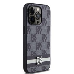 DKNY Leather Checkered Mono Pattern & Printed Stripes iPhone 14 Pro Case - Black-thumb-3