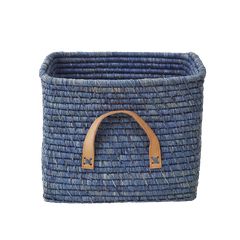 Rice - Small Square Raffia Basket with Leather Handles - Blue / Baby and Children