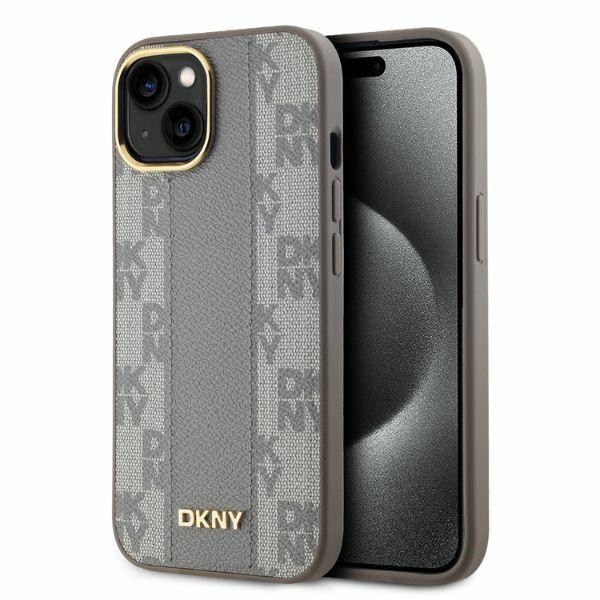 DKNY Leather Checkered Mono Pattern MagSafe iPhone 14 Case - Beige