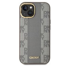 DKNY Leather Checkered Mono Pattern MagSafe iPhone 15 Case - Beige-thumb-1