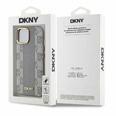 DKNY Leather Checkered Mono Pattern MagSafe iPhone 15 Case - Beige-thumb-4
