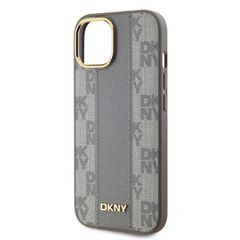 DKNY Leather Checkered Mono Pattern MagSafe iPhone 15 Case - Beige-thumb-2