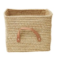 Rice - Small Square Raffia Basket with Leather Handles - Natural / Baby and Children