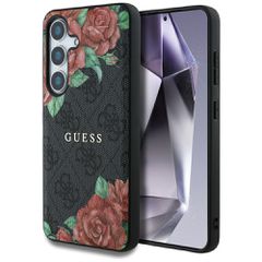 Guess Leather 4G Flowers Print Metal Classic Logo MagSafe Case for Samsung Galaxy S25 - Black