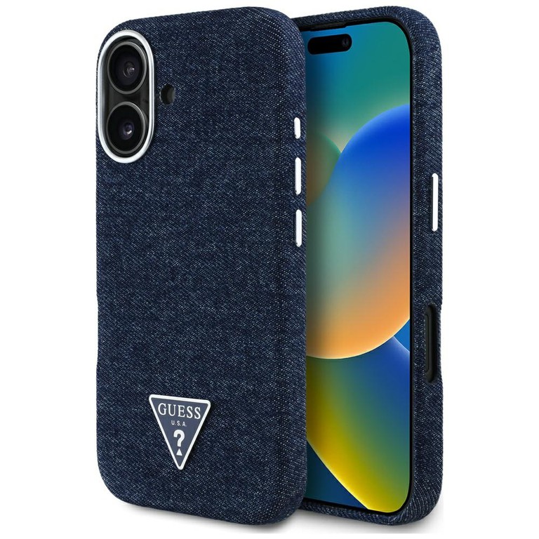 Guess Denim Triangle Logo MagSafe iPhone 16 Case - Blue