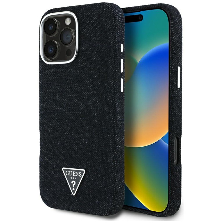 Guess Denim Triangle Logo MagSafe iPhone 16 Pro Max Case - Black