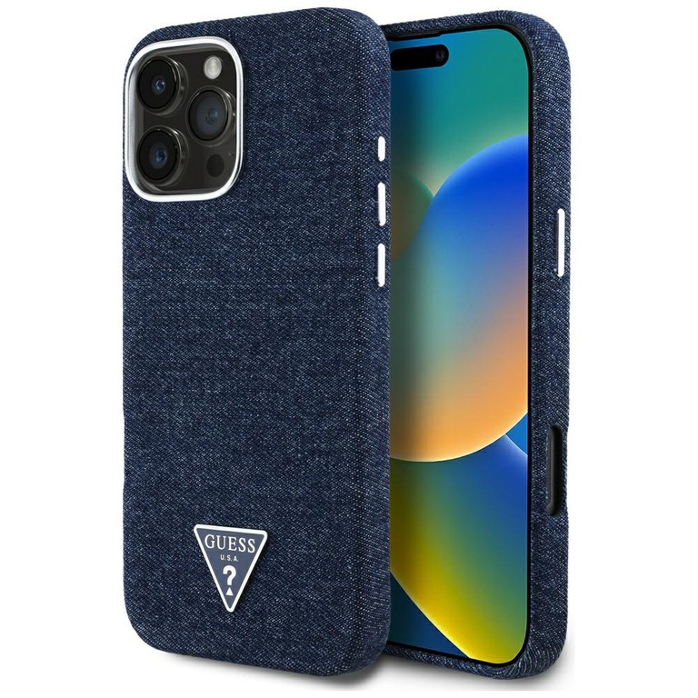 Guess Denim Triangle Logo MagSafe iPhone 16 Pro Case - Blue