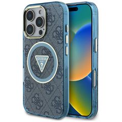 Guess IML Metal Glitter 4G Circle Triangle MagSafe Case for iPhone 16 Pro - Blue