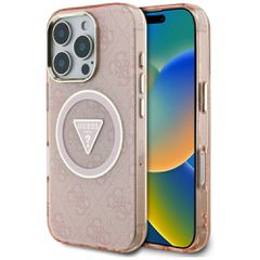 Guess IML Metal Glitter 4G Circle Triangle MagSafe Case for iPhone 16 Pro - Pink