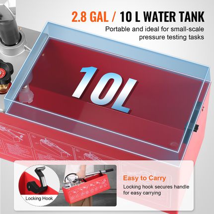 Υδροστατική δοκιμαστική αντλία VEVOR, Max 25 bar/362 PSI, Χειροκίνητο κιτ ελέγχου πίεσης νερού υδραυλικής διπλής βαλβίδας με μετρητή Δεξαμενή νερού 10L, σωλήνας 1,4 m με εξωτερικό σύνδεσμο σπειρώματος-thumb-3