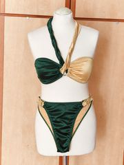Emerald Green & Gold Metallic Bikini Set (M) – Halter Neck