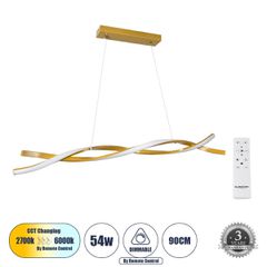 Κρεμαστό Φωτιστικό Οροφής Design LED CCT 54W 6048lm 200° AC 220-240V - Εναλλαγή Φωτισμού μέσω Τηλεχειριστηρίου All In One Ψυχρό 6000k+Φυσικό 4500k+Θερμό 2700k Dimmable Μ90 x Π14 x Υ14cm - Χρυσό Πλατίν