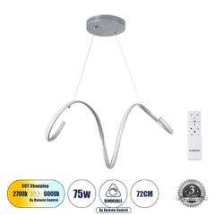 Κρεμαστό Φωτιστικό Οροφής Design LED CCT 75W 8400lm 300° AC 220-240V - Εναλλαγή Φωτισμού μέσω Τηλεχειριστηρίου All In One Ψυχρό 6000k+Φυσικό 4500k+Θερμό 2700k Dimmable Μ72 x Π25 x Υ30cm - Νίκελ Ασημί