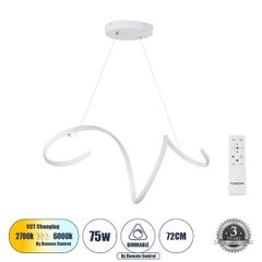 Κρεμαστό Φωτιστικό Οροφής Design LED CCT 75W 8400lm 300° AC 220-240V - Εναλλαγή Φωτισμού μέσω Τηλεχειριστηρίου All In One Ψυχρό 6000k+Φυσικό 4500k+Θερμό 2700k Dimmable Μ72 x Π25 x Υ30cm - Λευκό - 3 Ye