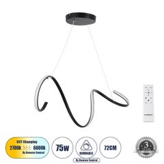 Κρεμαστό Φωτιστικό Οροφής Design LED CCT 75W 8400lm 300° AC 220-240V - Εναλλαγή Φωτισμού μέσω Τηλεχειριστηρίου All In One Ψυχρό 6000k+Φυσικό 4500k+Θερμό 2700k Dimmable Μ72 x Π25 x Υ30cm - Μαύρο - 3 Ye