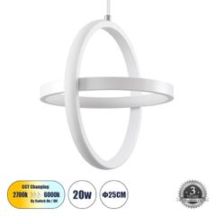 Κρεμαστό Φωτιστικό Οροφής Design LED CCT 20W 2400lm 300° AC 220-240V - Εναλλαγή Φωτισμού μέσω Διακόπτη On/Off All In One Ψυχρό 6000k+Φυσικό 4500k+Θερμό 2700k Μ25 x Π22 x Υ25cm - Λευκό