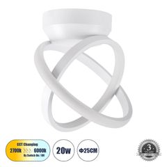 Φωτιστικό Οροφής Design LED CCT 20W 2400lm 300° AC 220-240V - Εναλλαγή Φωτισμού μέσω Διακόπτη On/Off All In One Ψυχρό 6000k+Φυσικό 4500k+Θερμό 2700k Μ24.5 x Π16 x Υ25cm - Λευκό