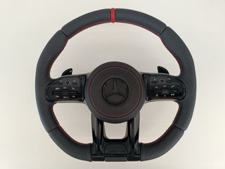 Mercedes-Benz τιμόνι μαύρο AMG performance καινούριο για W177 A-Class, C118 CLA, H247 GLA με μαύρα paddles, μαύρα κουμπιά, κόκκινη ραφή και δερμάτινο αερόσακο