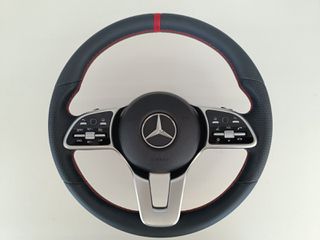Sport τιμόνι Mercedes-Benz γνήσιο μεταχειρισμένο με κόκκινες ραφές για A-class w177, B-class w247, GLA h247, GLB x247, CLA c118, C-class w205, E-class w213, c238