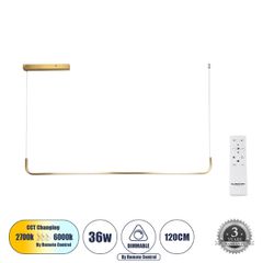 GLOBOSTAR® LINARIA 60923 Μοντέρνο Κρεμαστό Φωτιστικό Οροφής LED 36W 4150lm 180° AC 220-240V IP20 Ρυθμιζόμενο Λευκό CCT με Χειριστήριο από 2700K έως 6000K Dimmable - Lumileds SMD Chip - Χρυσό - Μ120 x