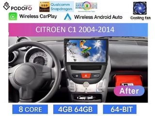 Citroen C1 (2004-2014) Οθόνη 10" Android 15 | 4GB RAM + 64GB ROM | 8-Core Snapdragon | Ασύρματο CarPlay & Ασύρματο Android Auto GPS WiFi DSP FM/RDS