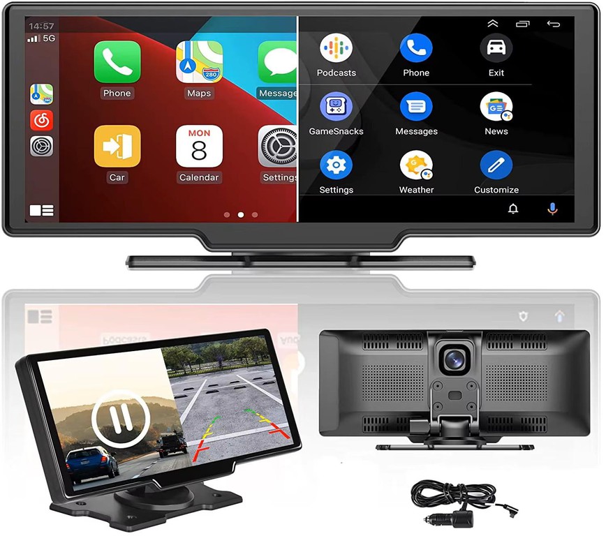 Φορητή Οθόνη Αυτοκινήτου 9.3" MP5 με Ασύρματο CarPlay, Android Auto, Μπροστινή Κάμερα DVR & BT