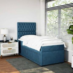 Κρεβάτι Boxspring με Στρώμα Μπλε 90x190 εκ. Βελούδινο