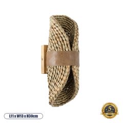 Φωτιστικό Boho επιτοίχιο απλίκα δίφωτο 2 x G9 IP20 μπεζ ξύλο με καφέ δέρμα Μ11 x Π13 x Υ30cm