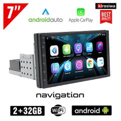 KIROSIWA ηχοσύστημα 7" ιντσών 2+32GB Android με WI-FI GPS Playstore Youtube (2GB Ram 32GB Rom οθόνη αφής USB 2 GB Ελληνικός πλοηγός Navi Android Auto Apple Carplay OBD αυτοκινήτου 1DIN Bluetooth Mirro