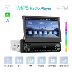 1DIN 7”  Αναδιπλούμενη Οθόνη Αυτοκινήτου MP5, Ασύρματο/Ενσύρματο CarPlay & Android Auto, FM, Bluetooth, USB Type C